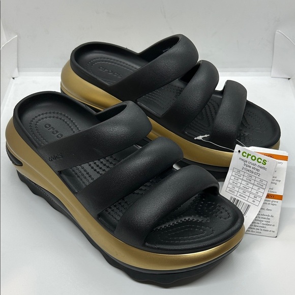 CROCS Shoes - Crocs Mega Crush Metallic Black/Gold Triple Strap Sandal Unisex Women 9. Men 7.